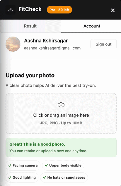 Uploading a photo in FitCheck