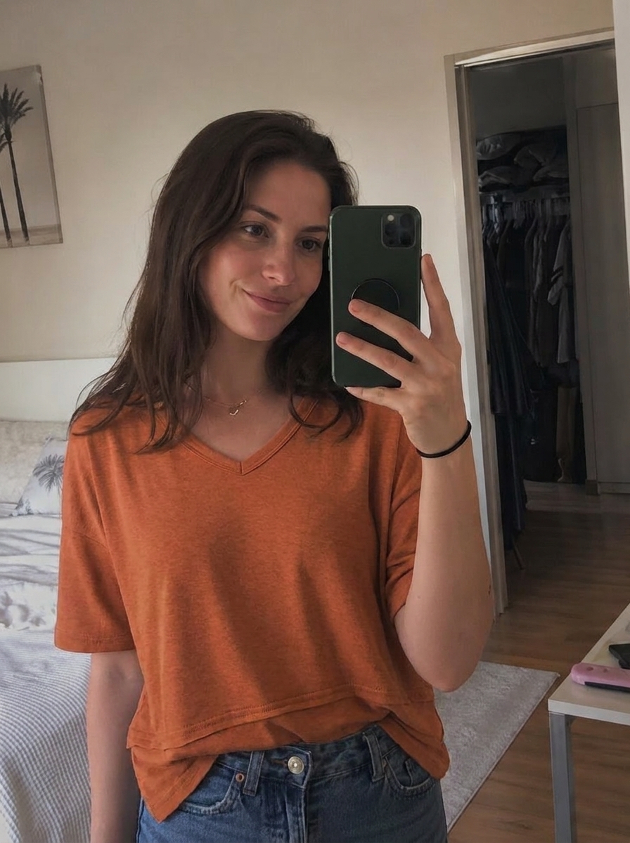 FitCheck try-on result for the orange clothing item